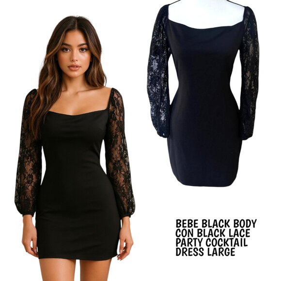 BEBE BLACK LACE SLEEVE MINI SQUARE NECK DRESS SIZE LARGE. - Picture 1 of 9